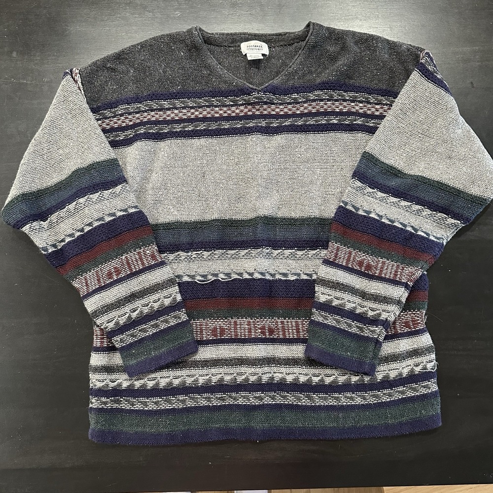 VTG Women's Soatanza Grandpa Core Sweater Chunky Knit 90's Stripe Blue Gray Lg - Picture 3 of 10